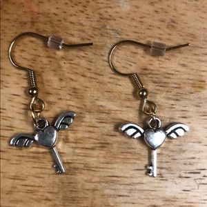 Hearted Key Earrings with Wings